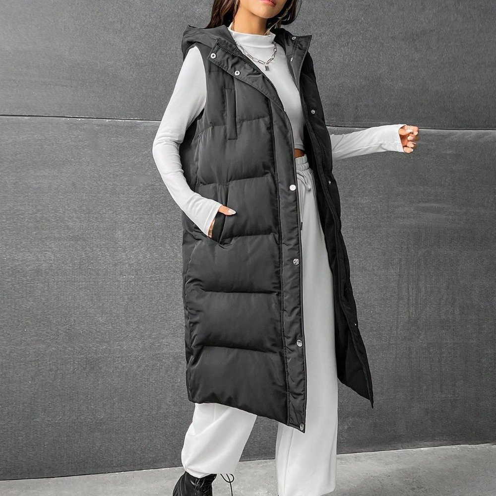 Black Preppy Womens Zip Up Snap Button Drawstring Hooded Puffer Vest Coat - Picture 4 of 6